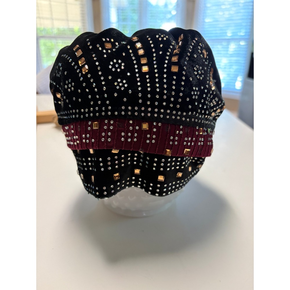 ZJA Black Velvet Turban Hat Rhinestone Studded Burgundy Band Large Rose Detail
